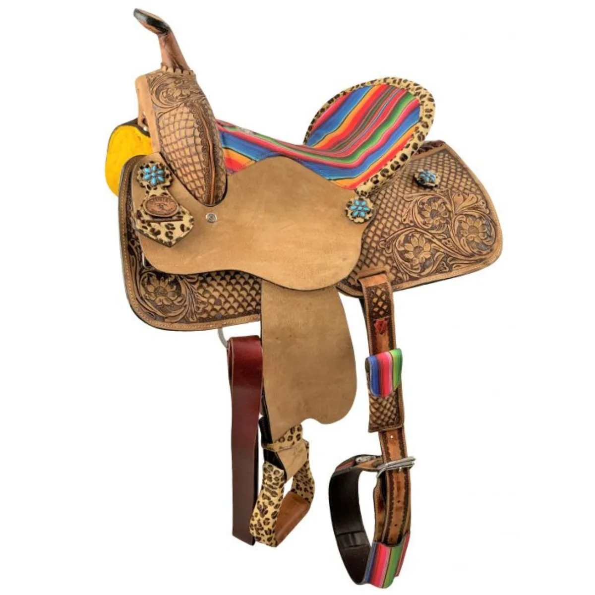 15" DOUBLE T  BARREL STYLE WESTERN SADDLE WITH SERAPE CHEETAH ACCENTS