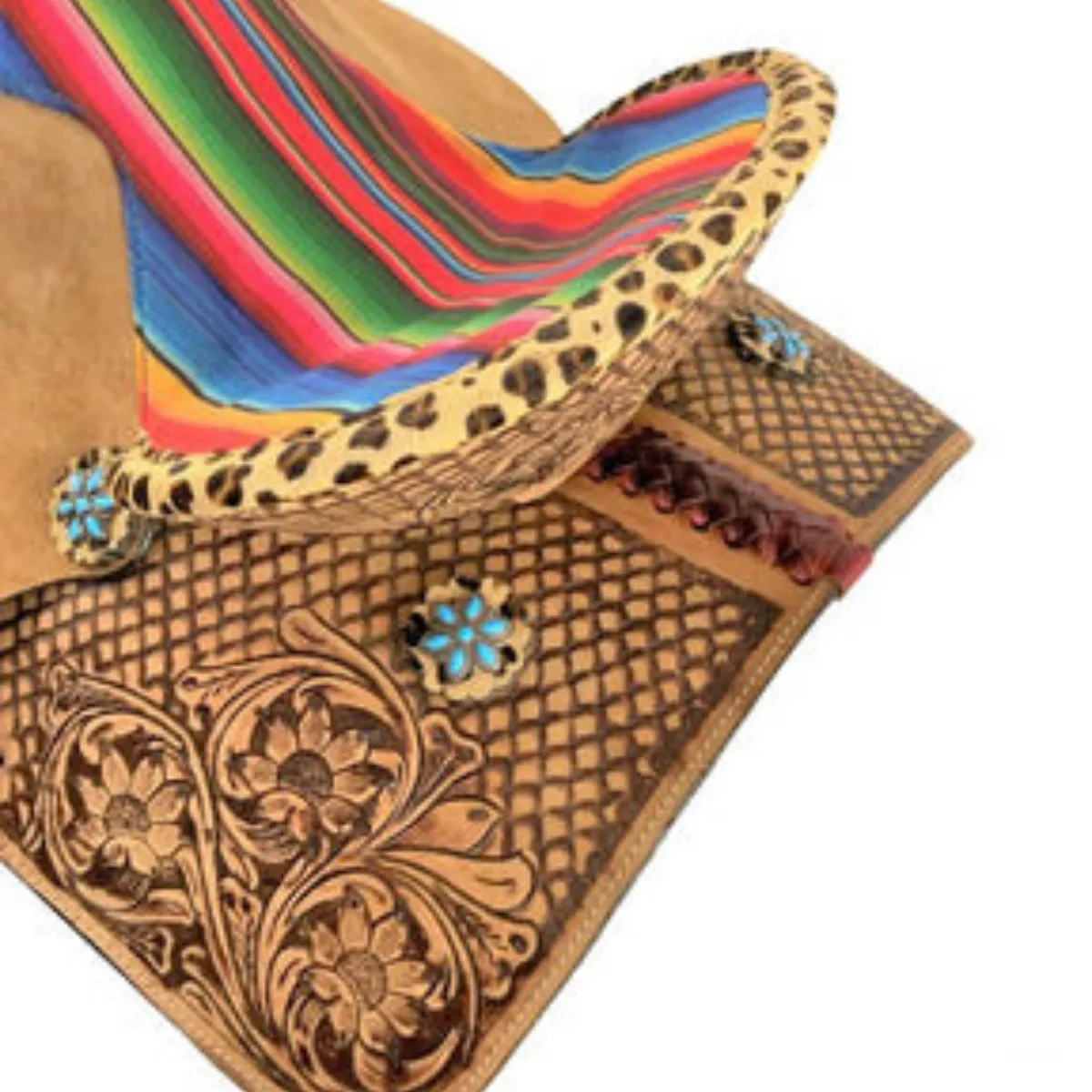 15" DOUBLE T  BARREL STYLE WESTERN SADDLE WITH SERAPE CHEETAH ACCENTS