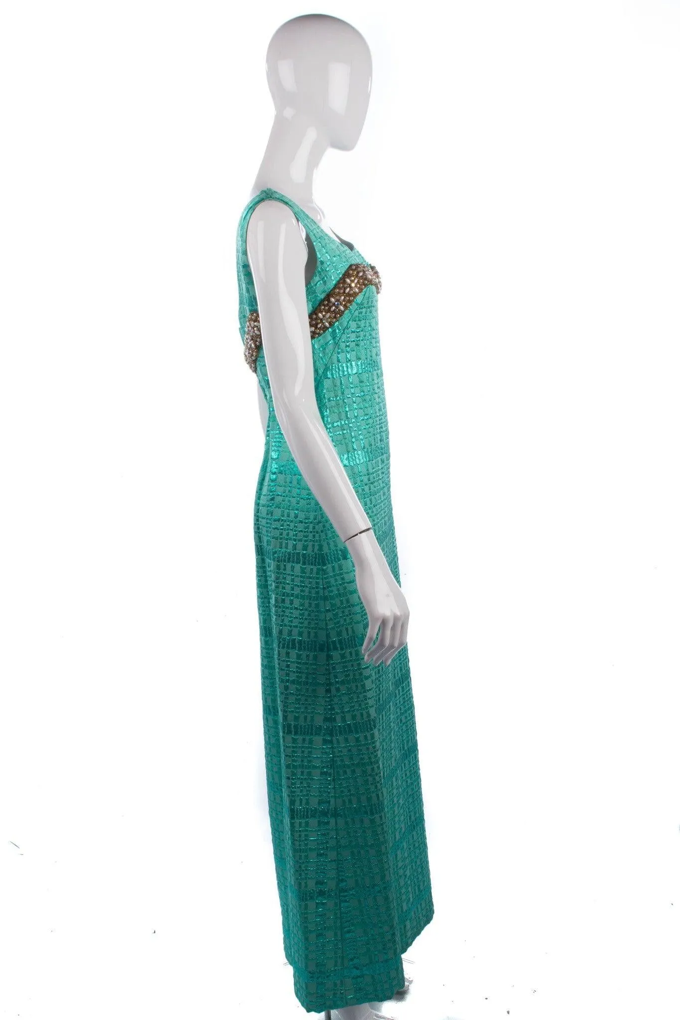 1950's Full Length Dress & Cape Metallic Green Brocade Size M