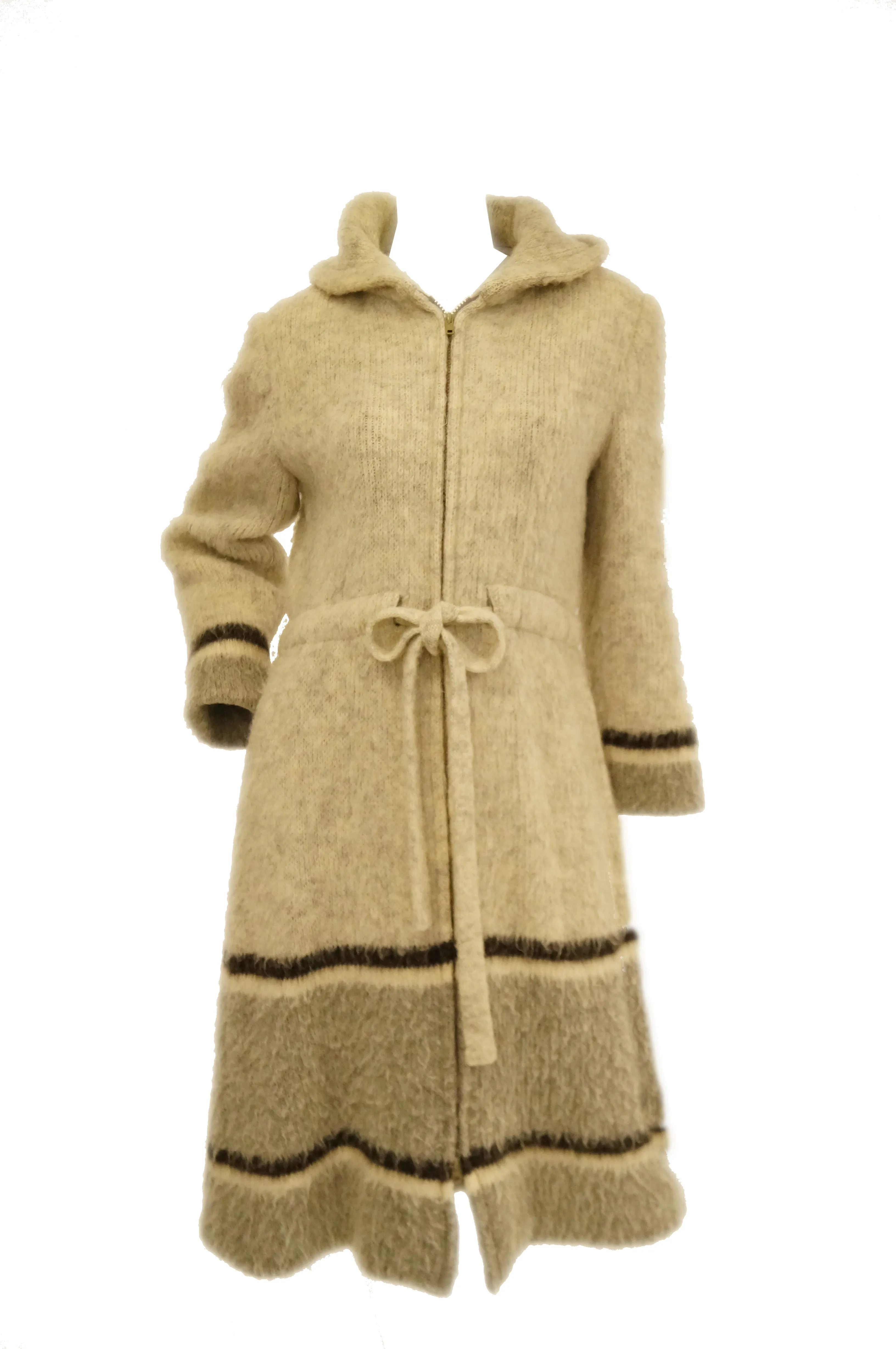 1960s Hilda Icelandic Oatmeal Wool Coat with Hood and Grey Stripe Detail