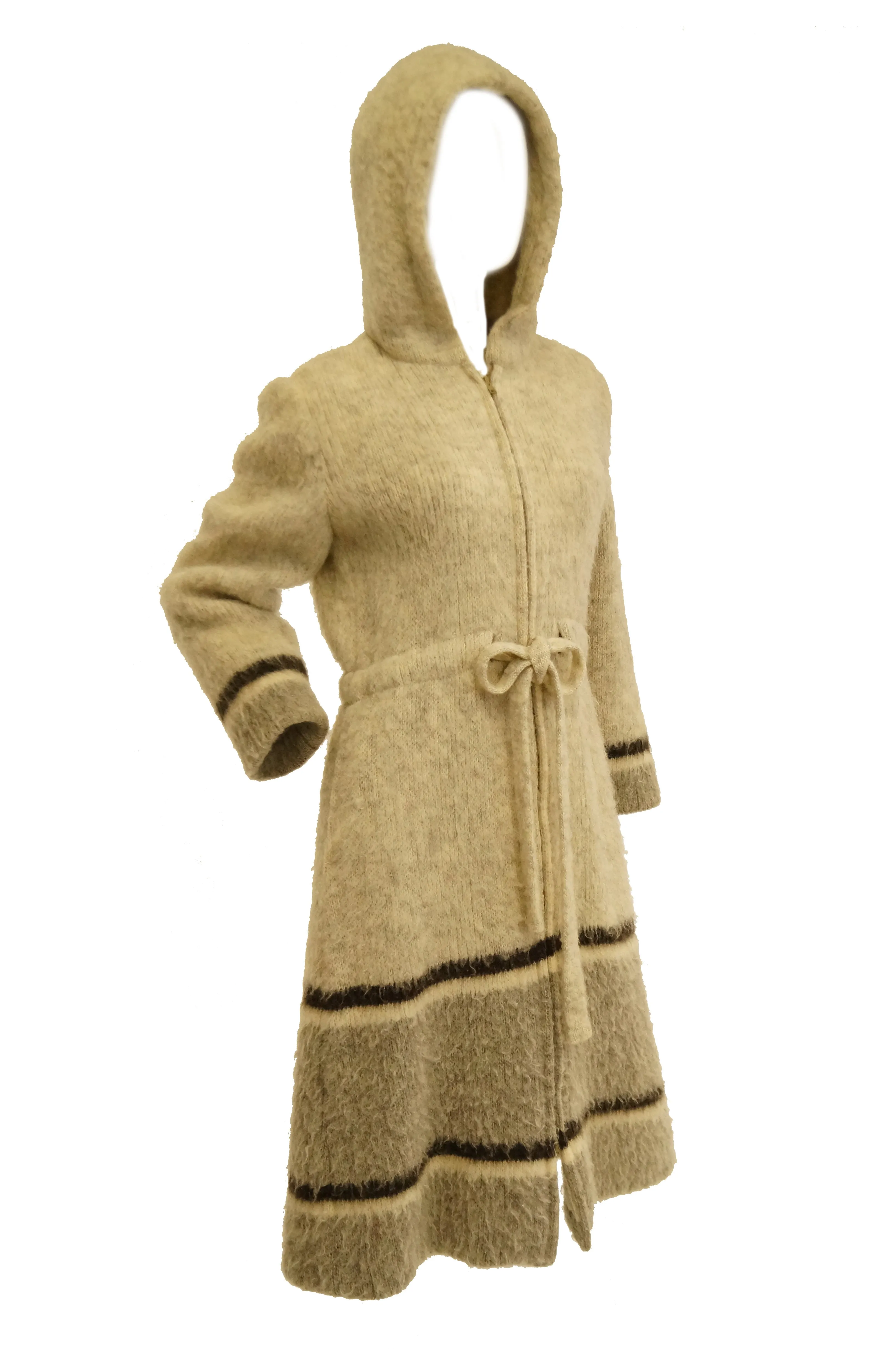 1960s Hilda Icelandic Oatmeal Wool Coat with Hood and Grey Stripe Detail