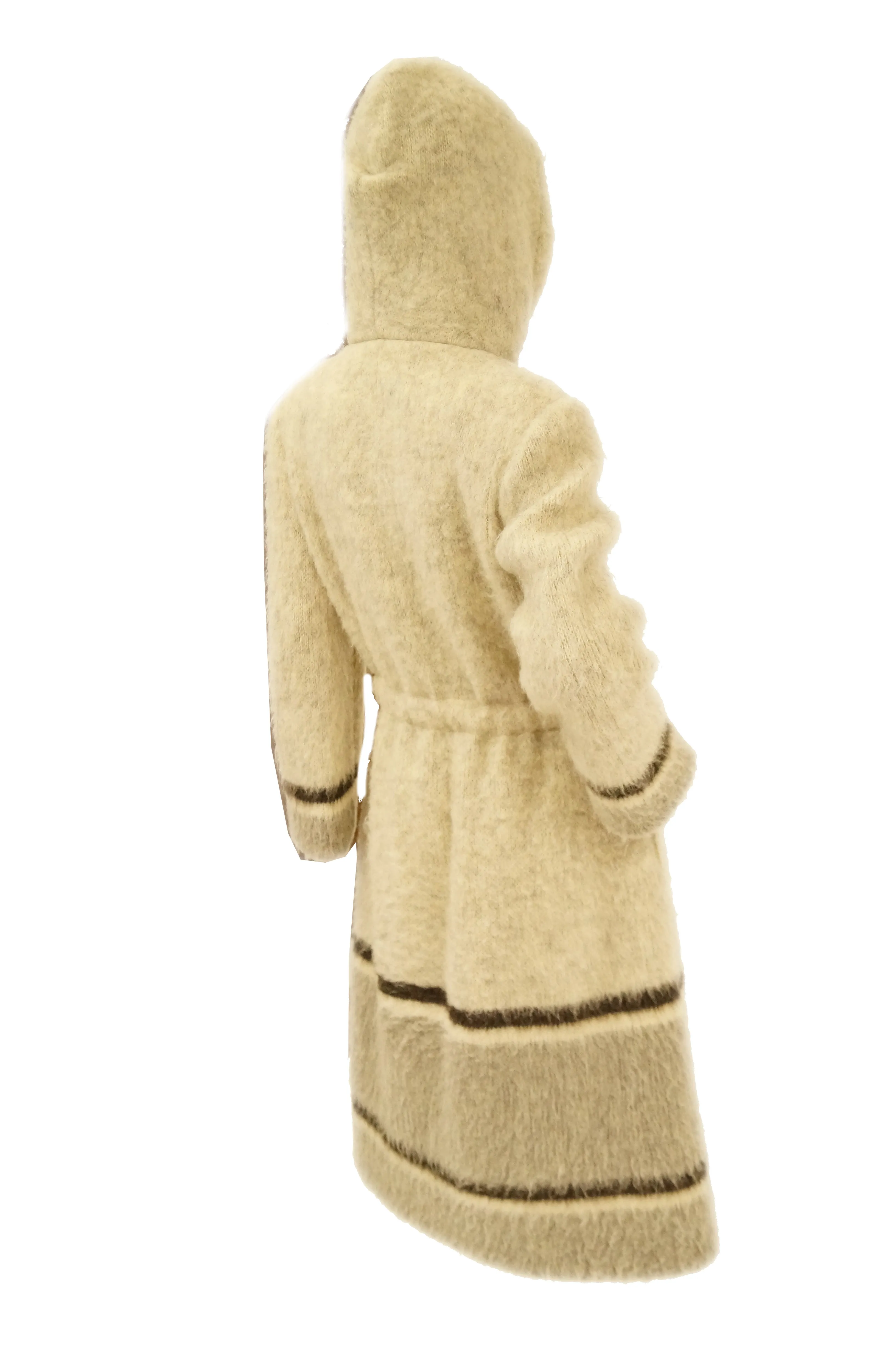 1960s Hilda Icelandic Oatmeal Wool Coat with Hood and Grey Stripe Detail