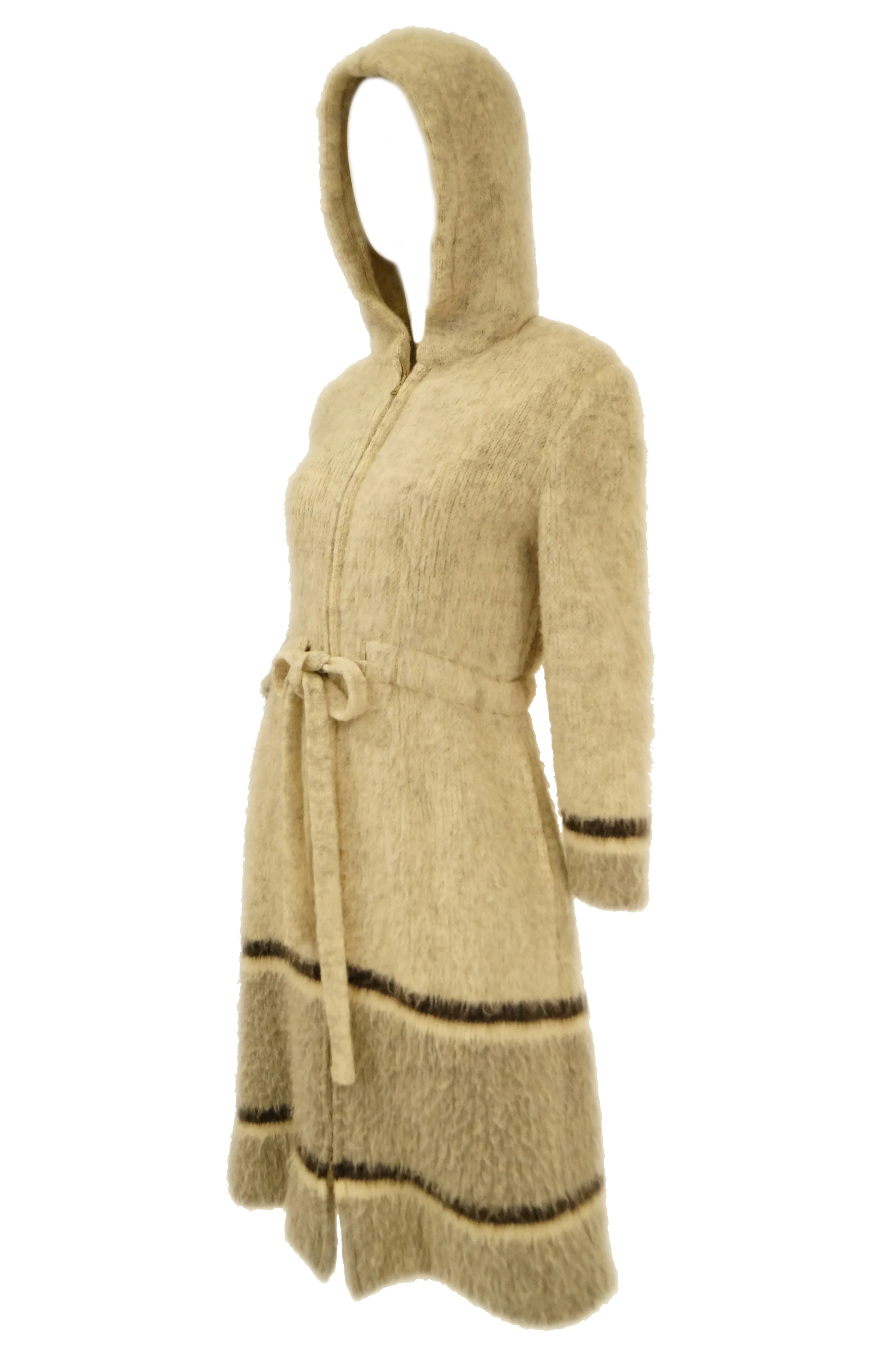 1960s Hilda Icelandic Oatmeal Wool Coat with Hood and Grey Stripe Detail