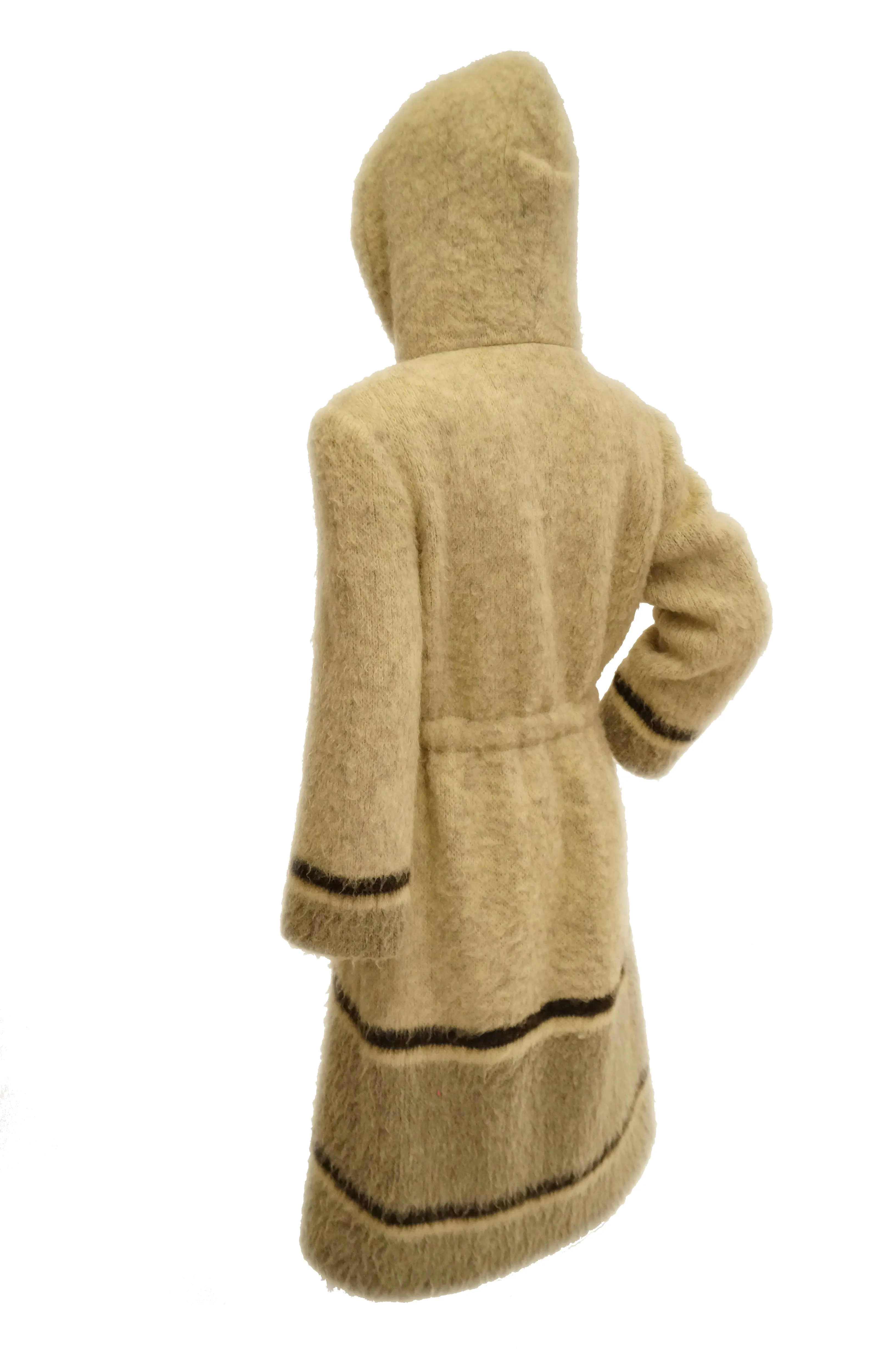 1960s Hilda Icelandic Oatmeal Wool Coat with Hood and Grey Stripe Detail