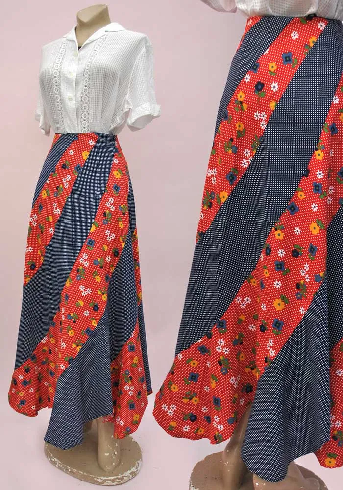 1970s Vintage Red and Blue Patchwork Floral Maxi Skirt • Scarf Hem • Polka Dots