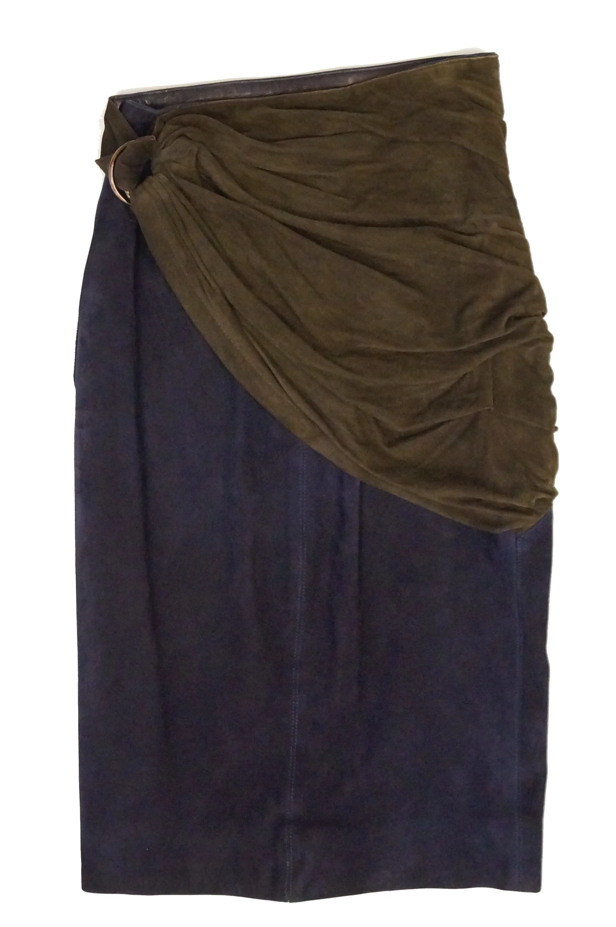 1990s Alaia Indigo and Brown Suede Sarong Wrap Skirt