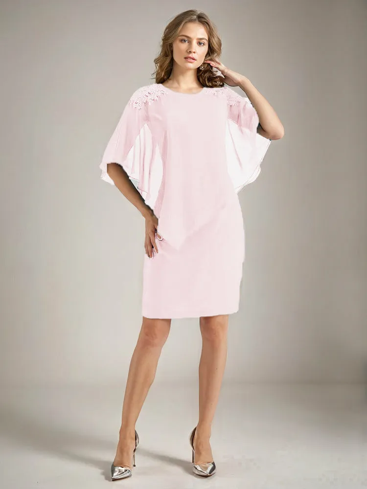 2 Pieces Chiffon Half Sleeves Cape Knee-Length Mother of the Bride Dress