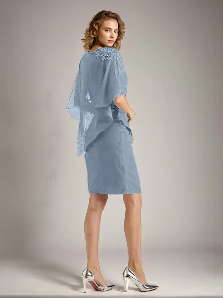 2 Pieces Chiffon Half Sleeves Cape Knee-Length Mother of the Bride Dress