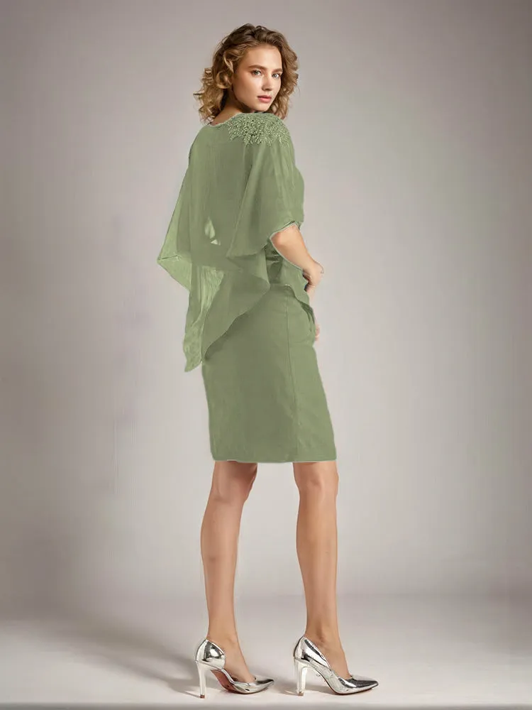 2 Pieces Chiffon Half Sleeves Cape Knee-Length Mother of the Bride Dress