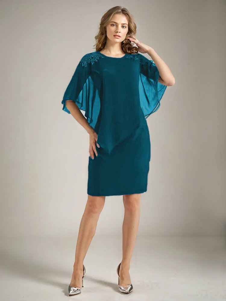 2 Pieces Chiffon Half Sleeves Cape Knee-Length Mother of the Bride Dress