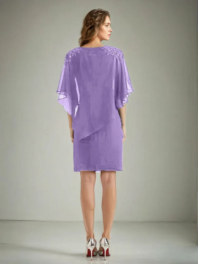 2 Pieces Chiffon Half Sleeves Cape Knee-Length Mother of the Bride Dress