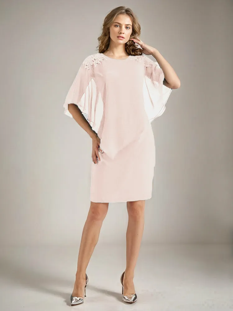 2 Pieces Chiffon Half Sleeves Cape Knee-Length Mother of the Bride Dress