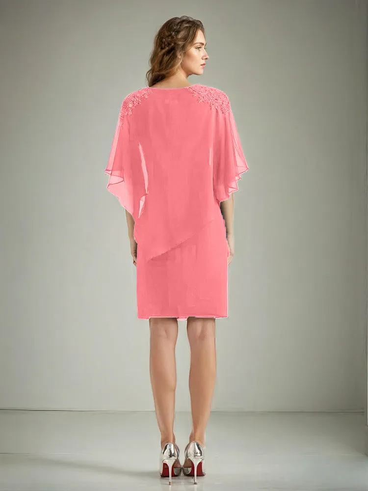 2 Pieces Chiffon Half Sleeves Cape Knee-Length Mother of the Bride Dress