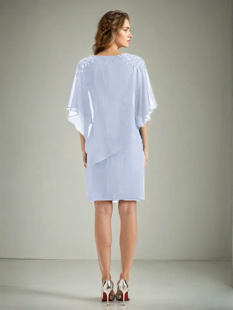 2 Pieces Chiffon Half Sleeves Cape Knee-Length Mother of the Bride Dress