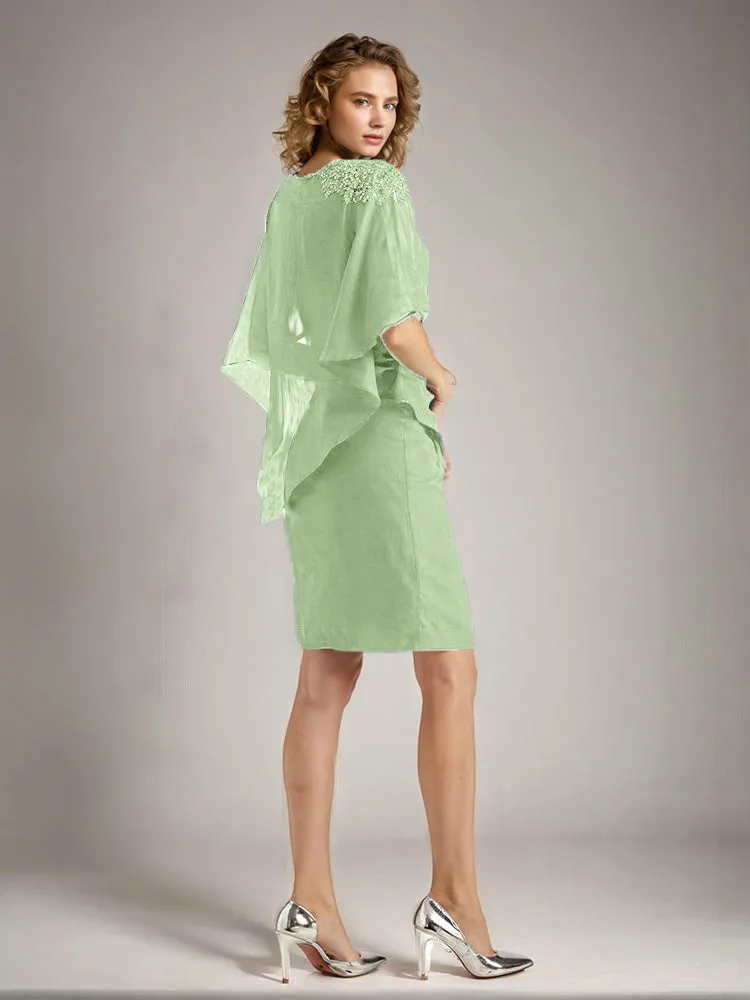 2 Pieces Chiffon Half Sleeves Cape Knee-Length Mother of the Bride Dress