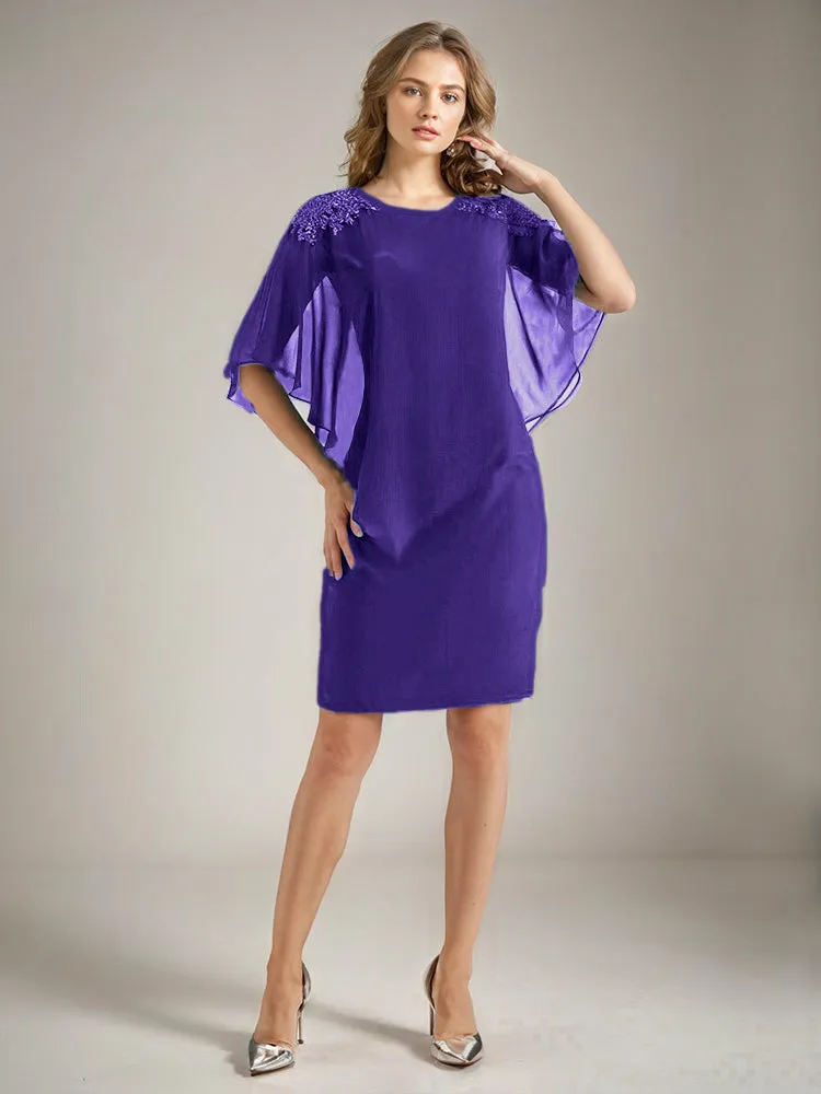 2 Pieces Chiffon Half Sleeves Cape Knee-Length Mother of the Bride Dress