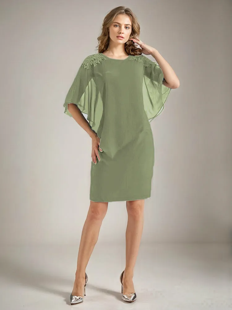 2 Pieces Chiffon Half Sleeves Cape Knee-Length Mother of the Bride Dress