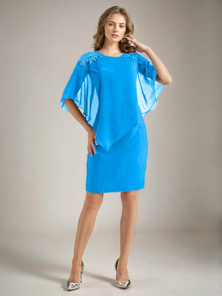 2 Pieces Chiffon Half Sleeves Cape Knee-Length Mother of the Bride Dress