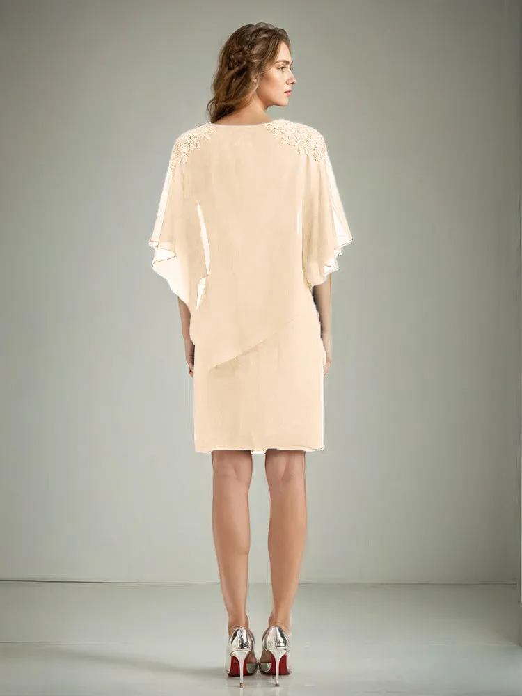 2 Pieces Chiffon Half Sleeves Cape Knee-Length Mother of the Bride Dress