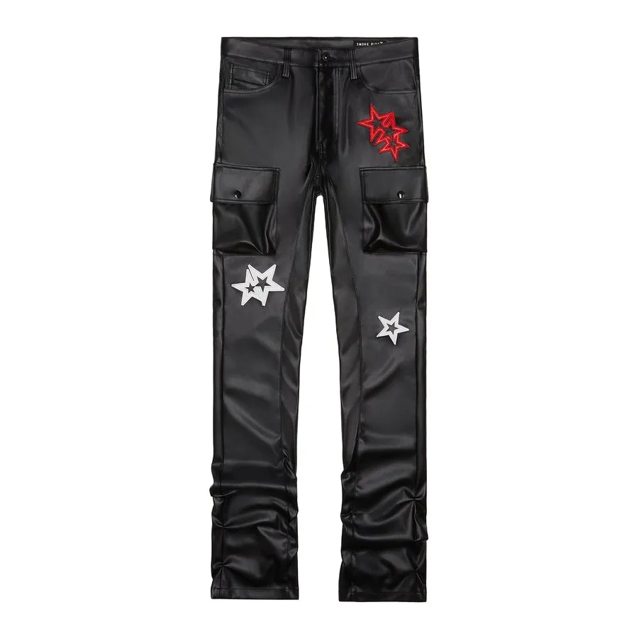 3D Embroidered Cargo Vegan Leather Pants - Black