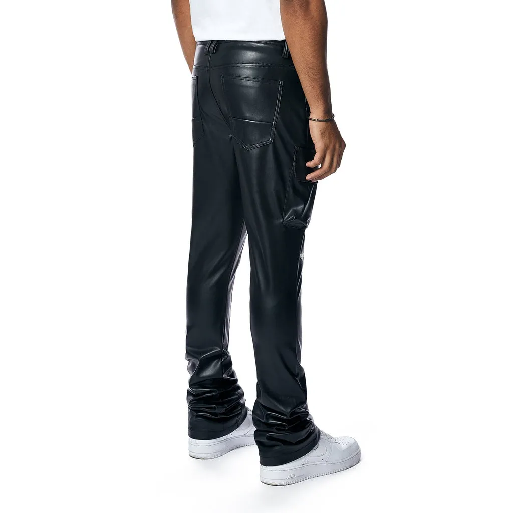 3D Embroidered Cargo Vegan Leather Pants - Black