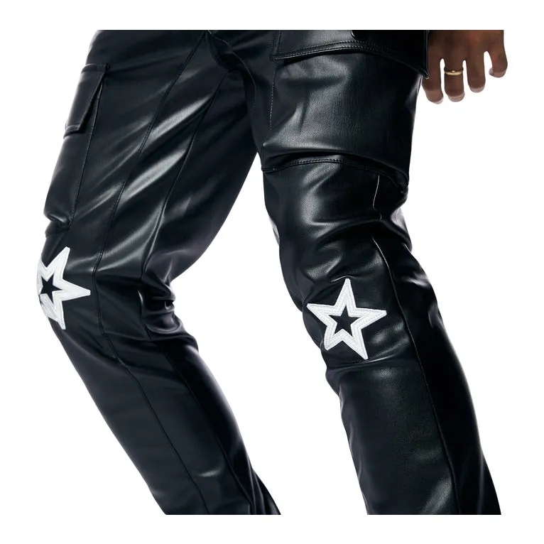 3D Embroidered Cargo Vegan Leather Pants - Black