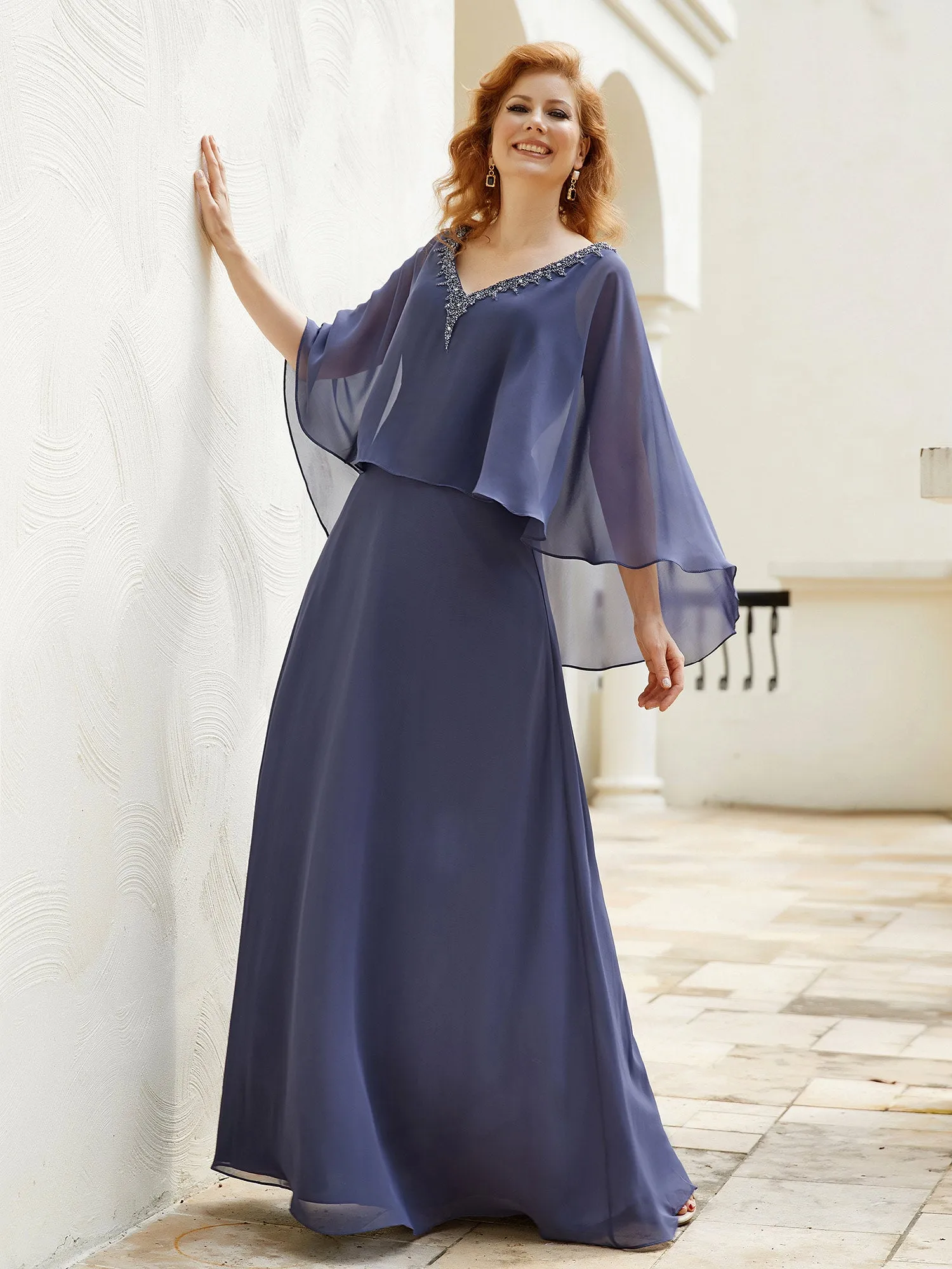 A-Line Flutter Cape Sleeves Dress with Beaded V-neck-Stormy