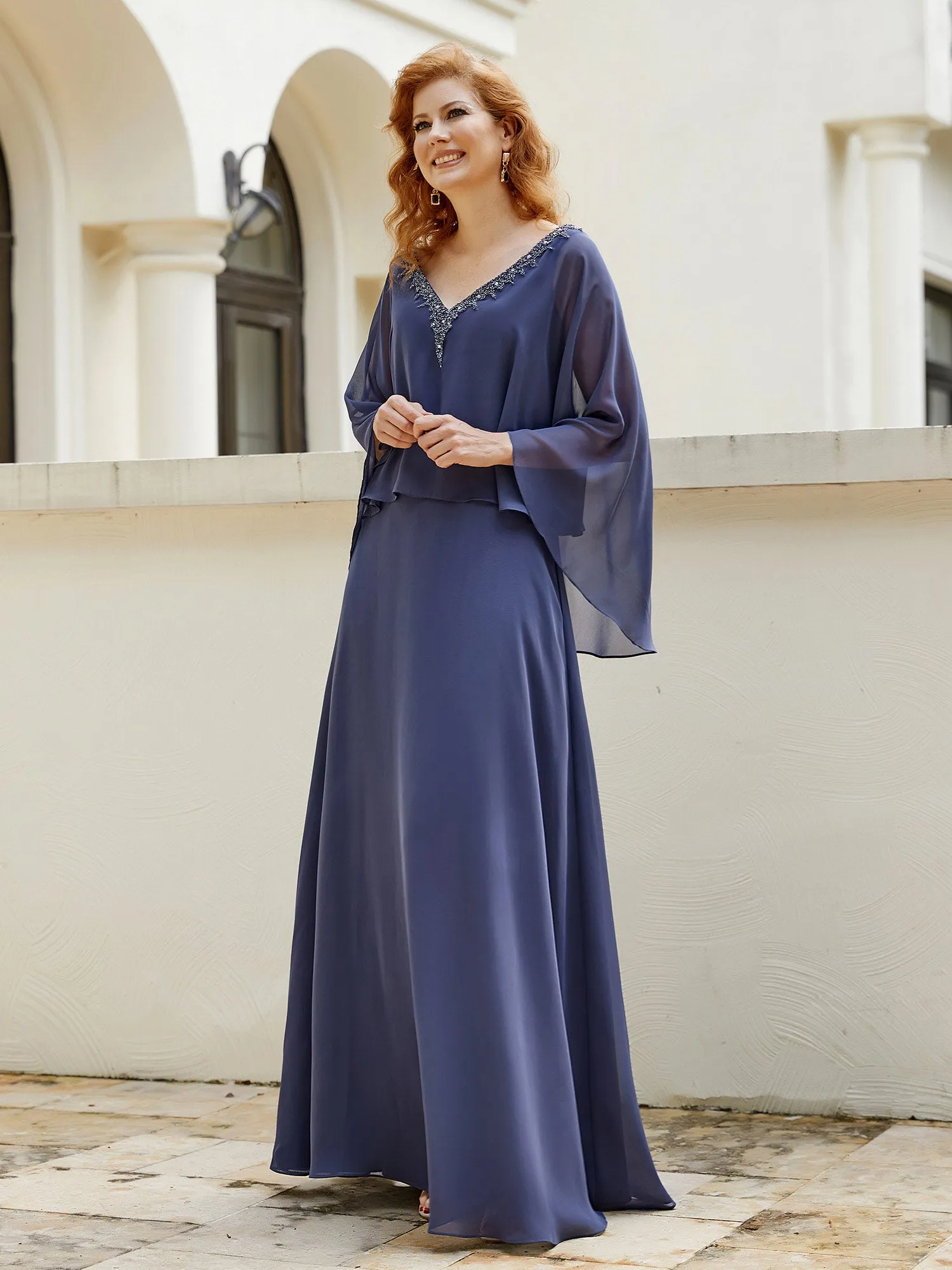 A-Line Flutter Cape Sleeves Dress with Beaded V-neck-Stormy