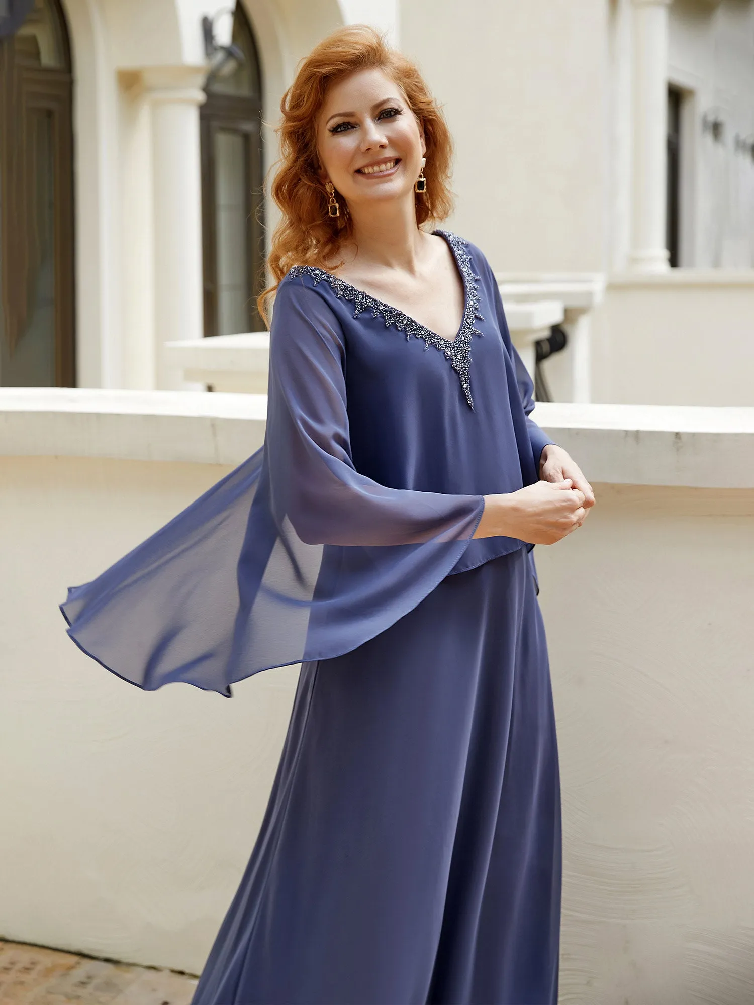 A-Line Flutter Cape Sleeves Dress with Beaded V-neck-Stormy