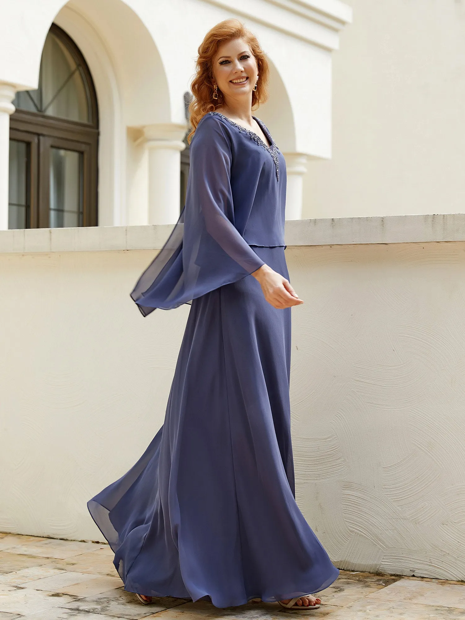 A-Line Flutter Cape Sleeves Dress with Beaded V-neck-Stormy