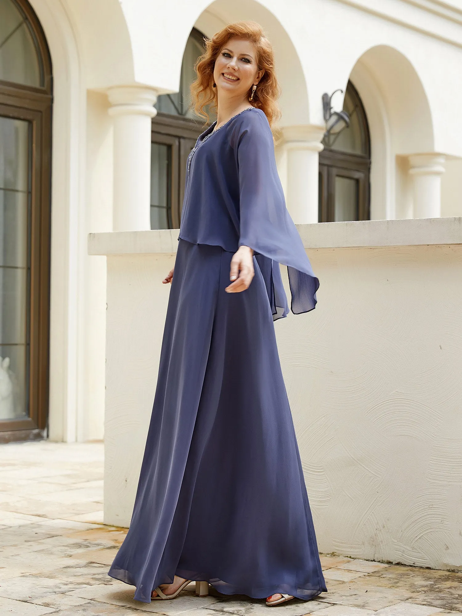 A-Line Flutter Cape Sleeves Dress with Beaded V-neck-Stormy