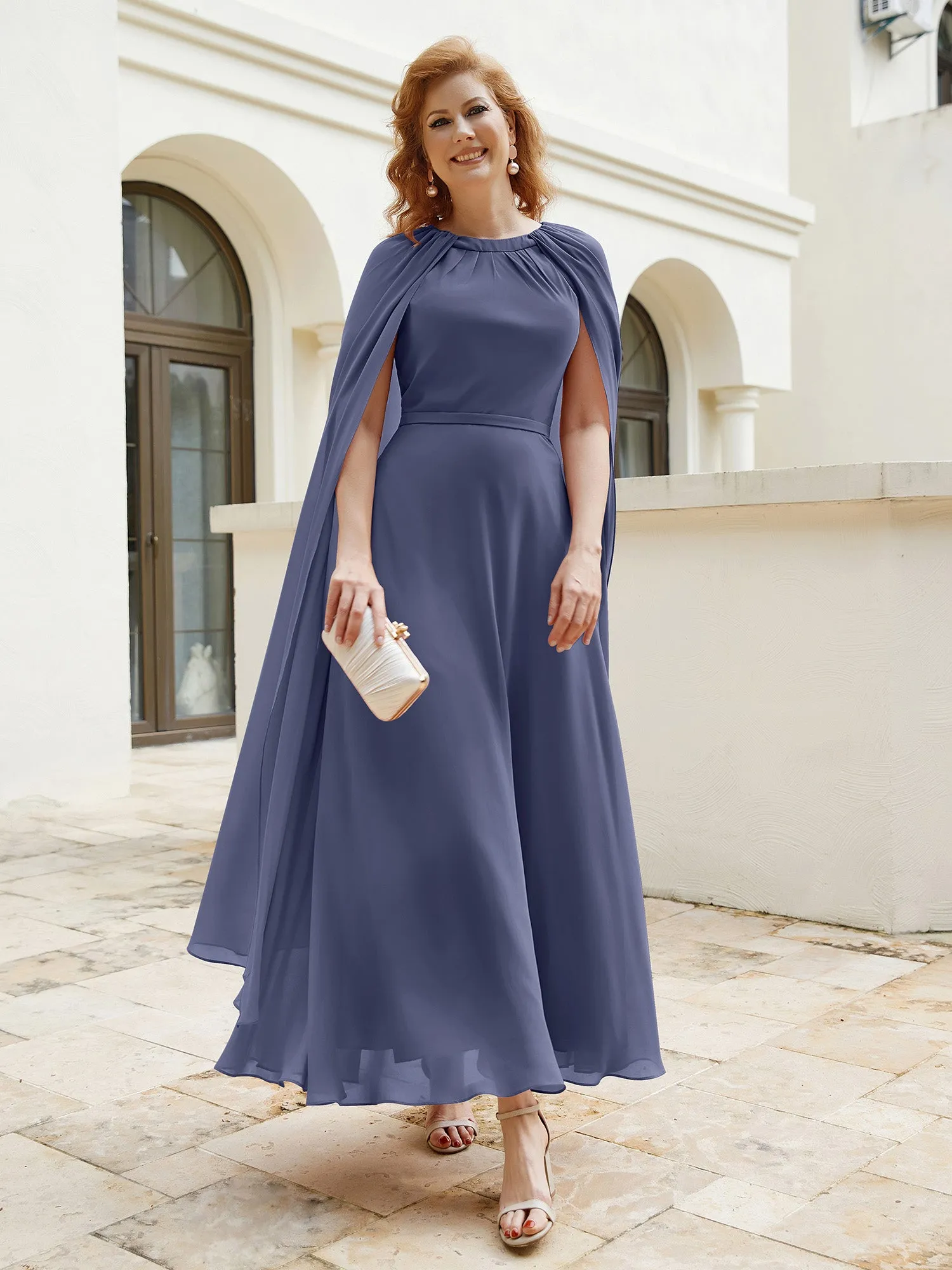 A-line Jewel-Neck Chiffon Dress With Long Cape-Stormy