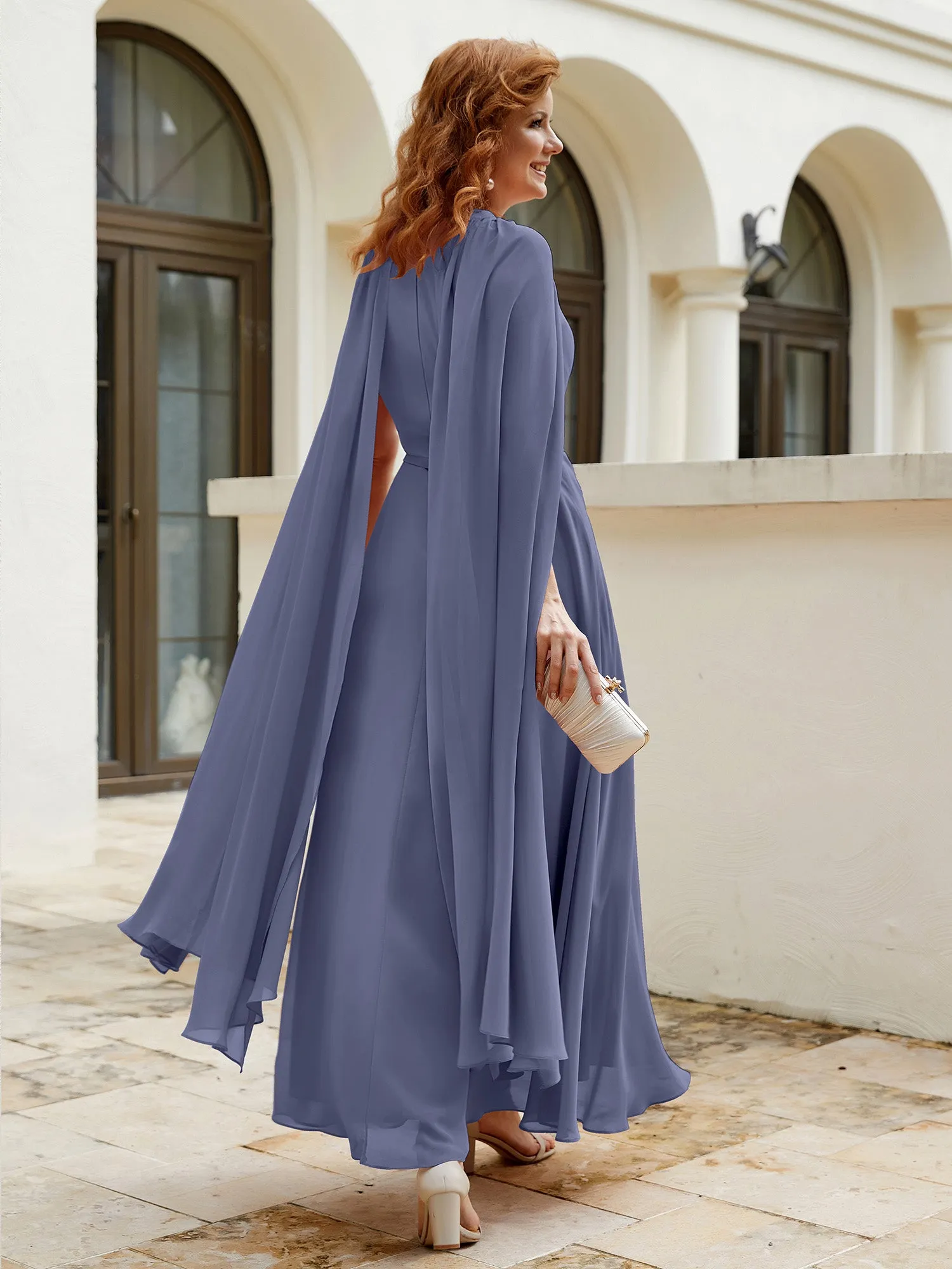 A-line Jewel-Neck Chiffon Dress With Long Cape-Stormy