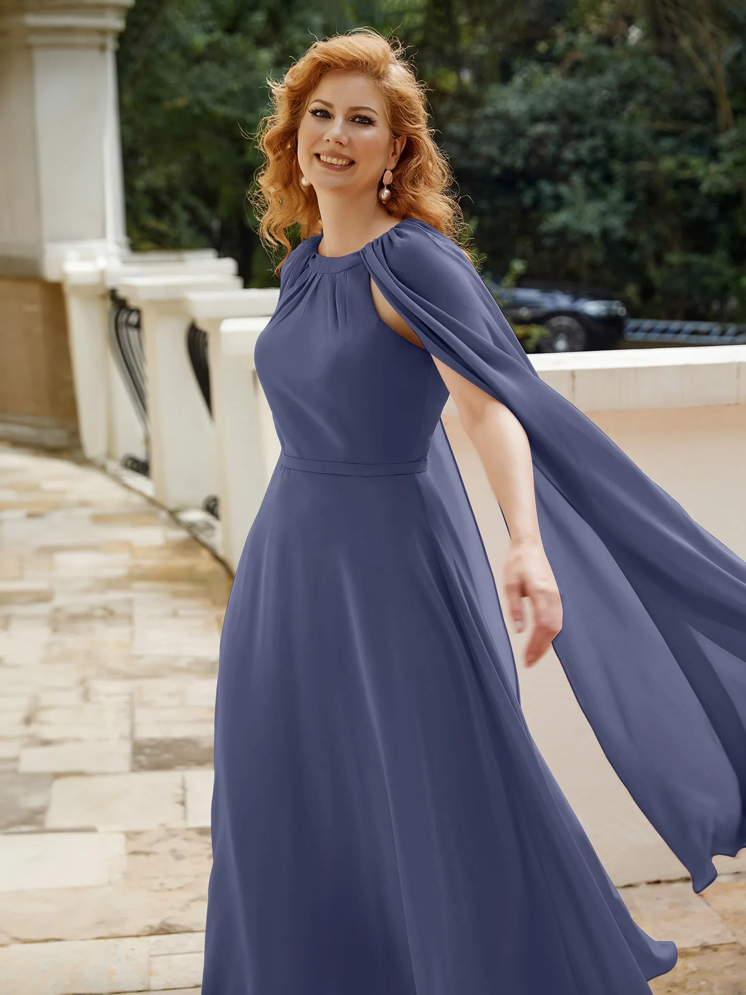 A-line Jewel-Neck Chiffon Dress With Long Cape-Stormy