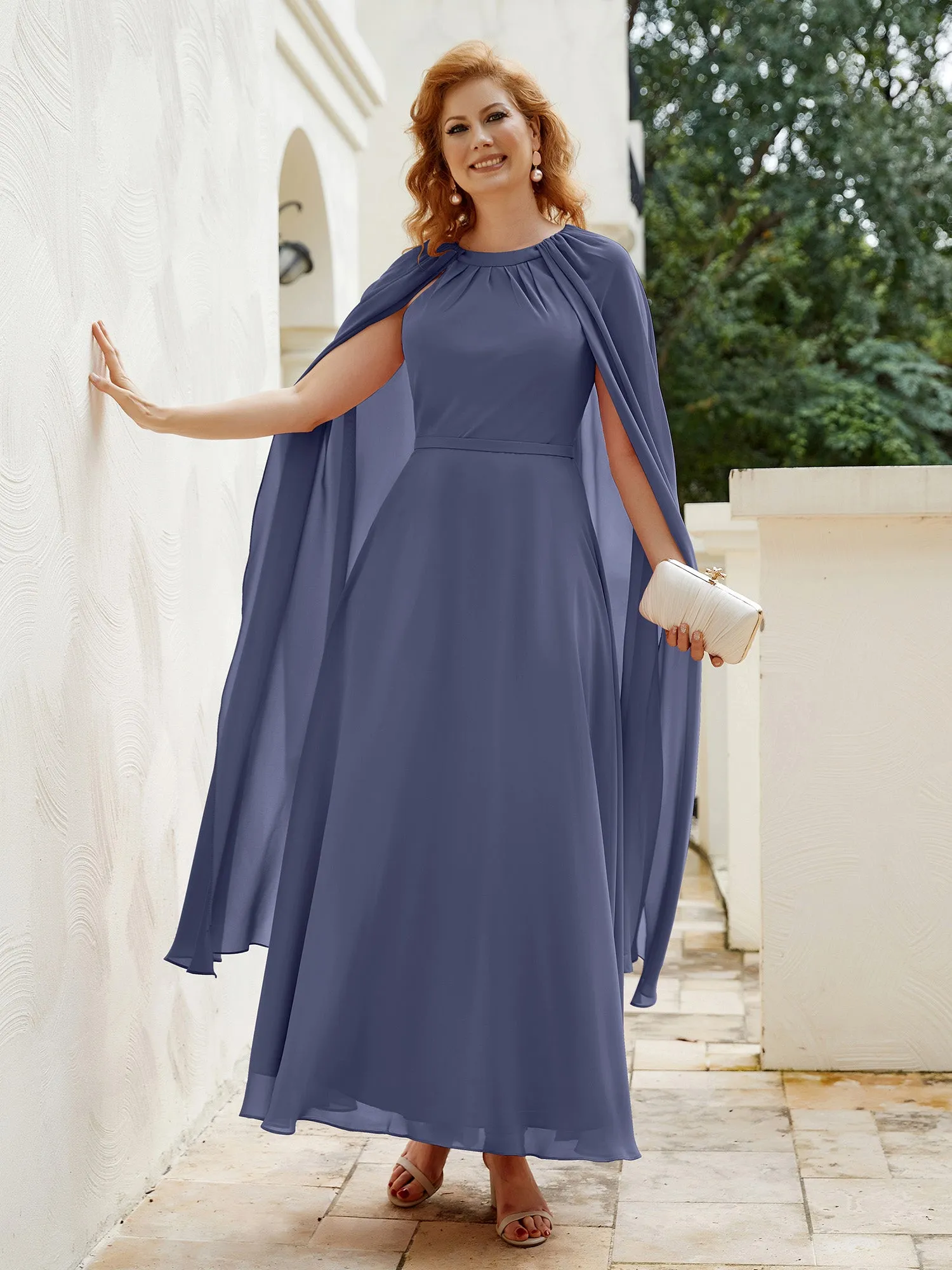 A-line Jewel-Neck Chiffon Dress With Long Cape-Stormy