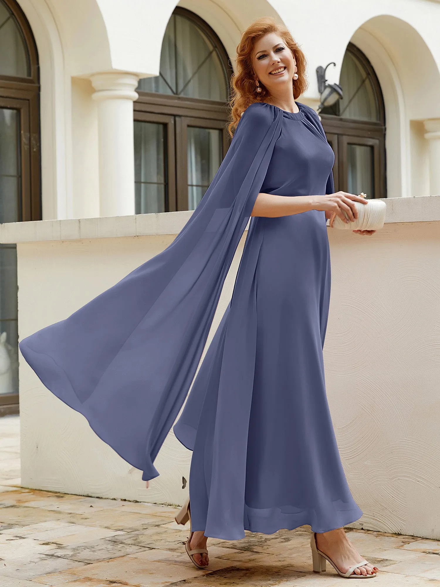 A-line Jewel-Neck Chiffon Dress With Long Cape-Stormy