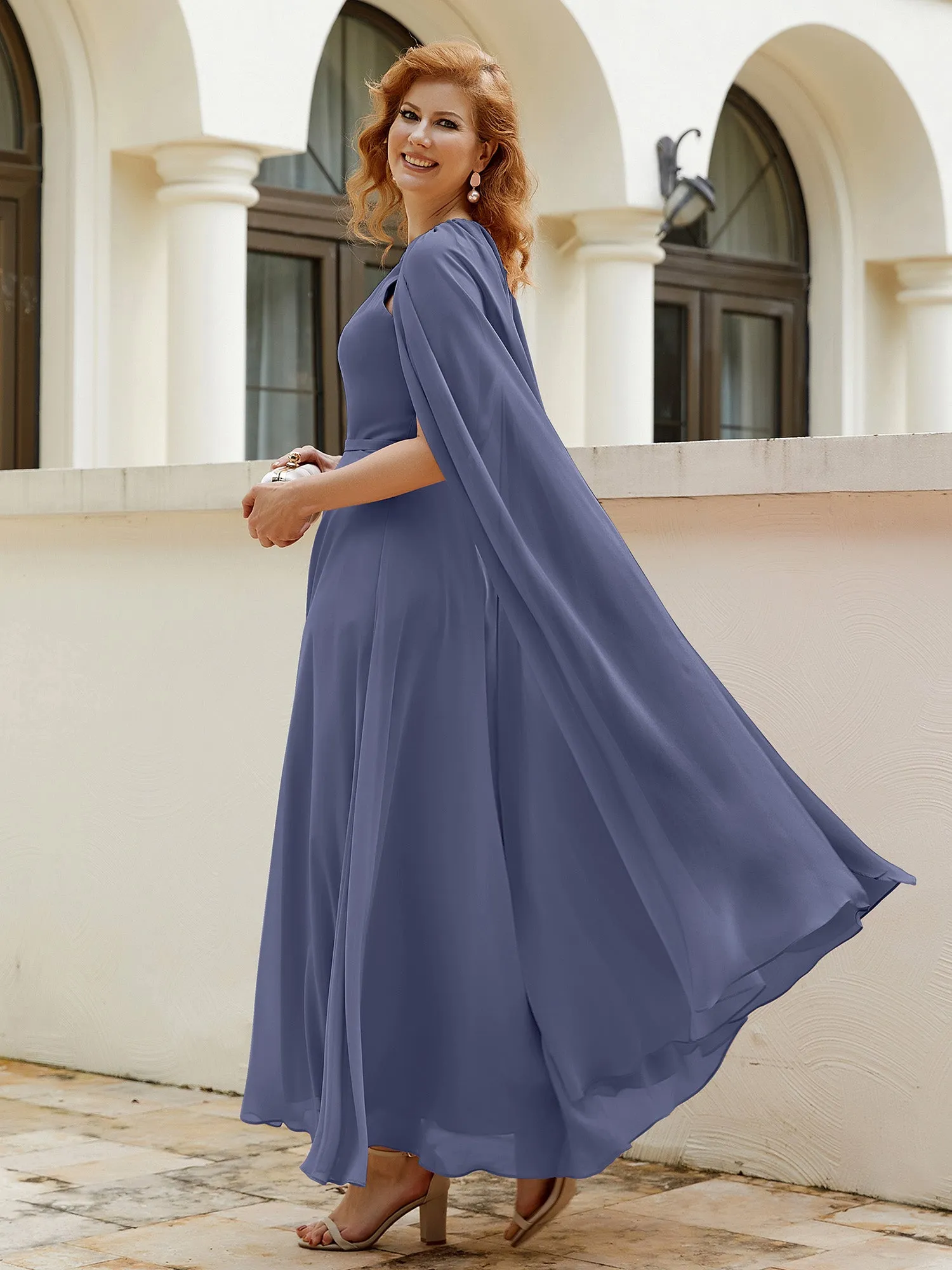 A-line Jewel-Neck Chiffon Dress With Long Cape-Stormy