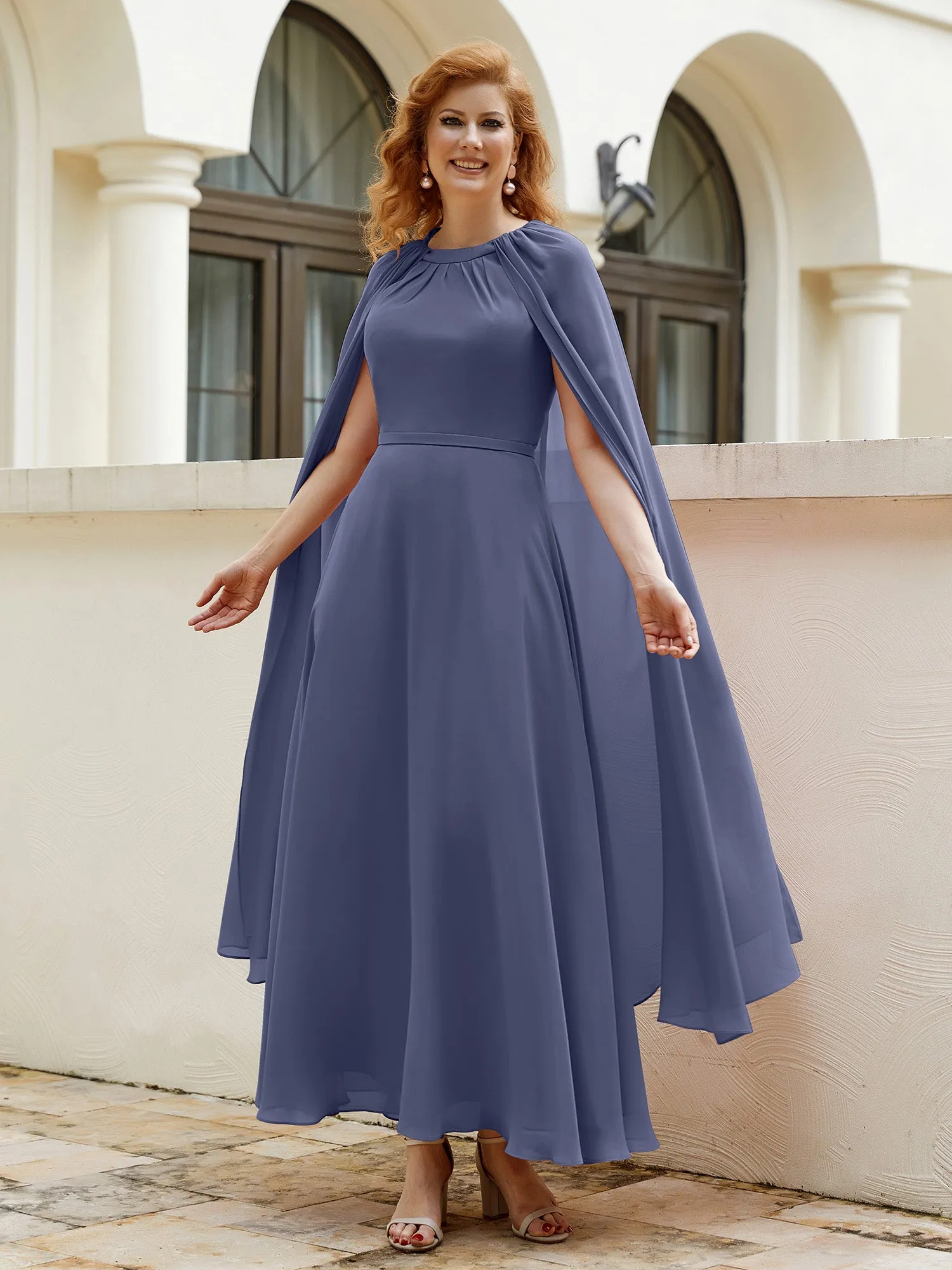 A-line Jewel-Neck Chiffon Dress With Long Cape-Stormy