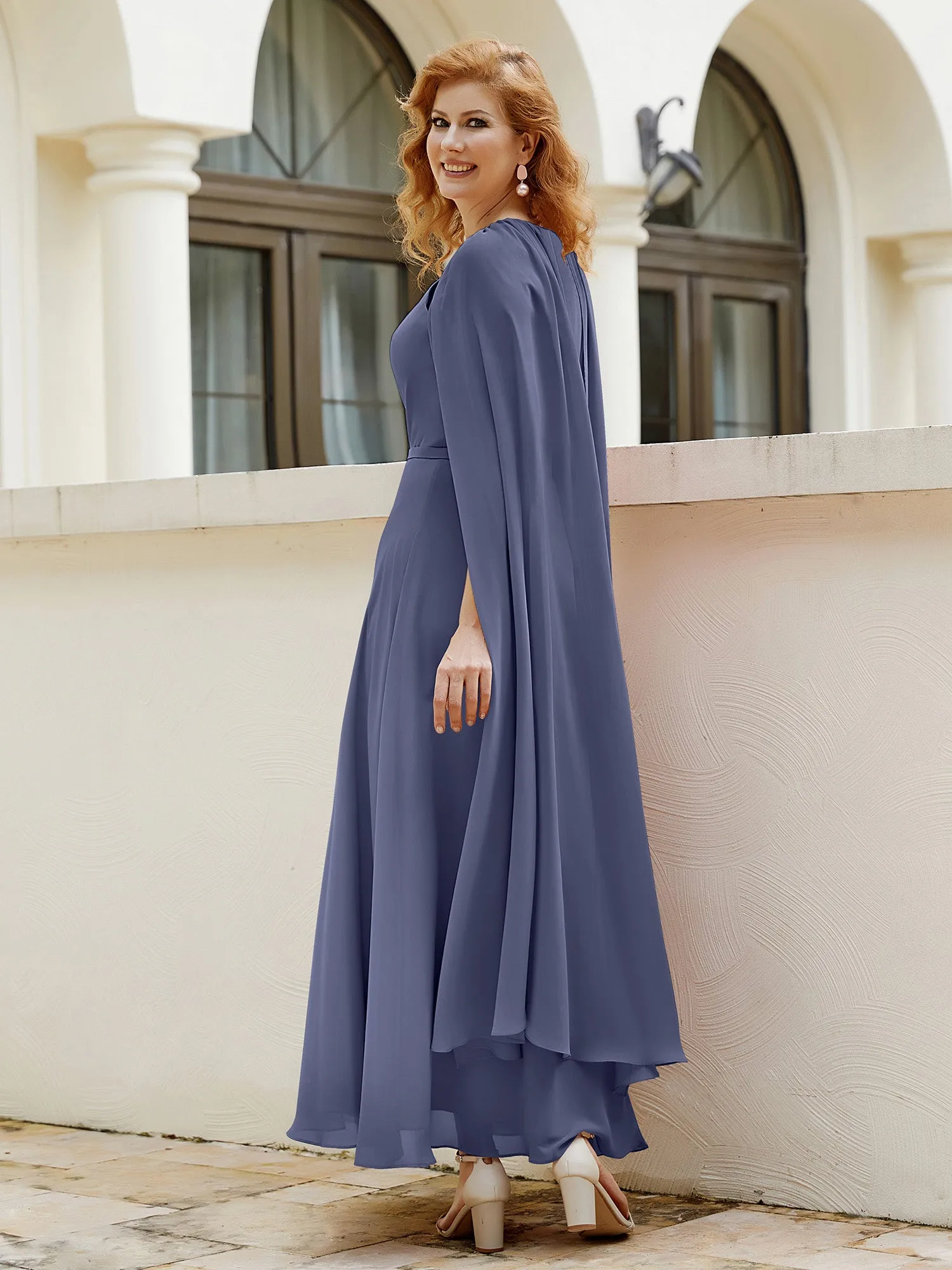 A-line Jewel-Neck Chiffon Dress With Long Cape-Stormy