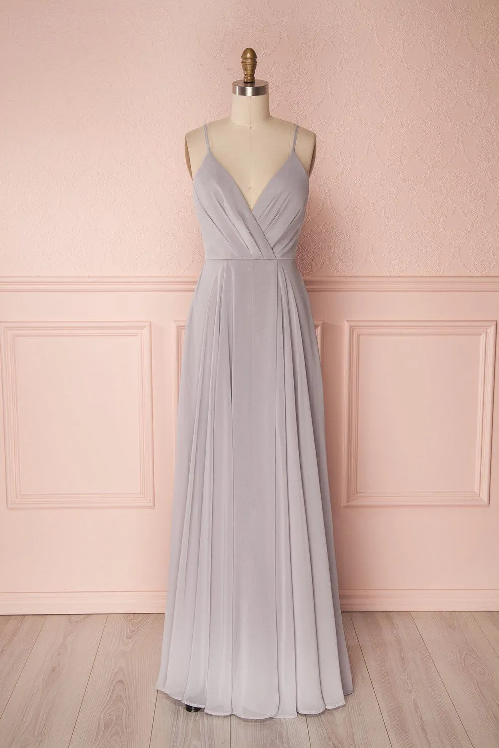 Aelis Grey | Pleated Plunging V-Neckline Gown