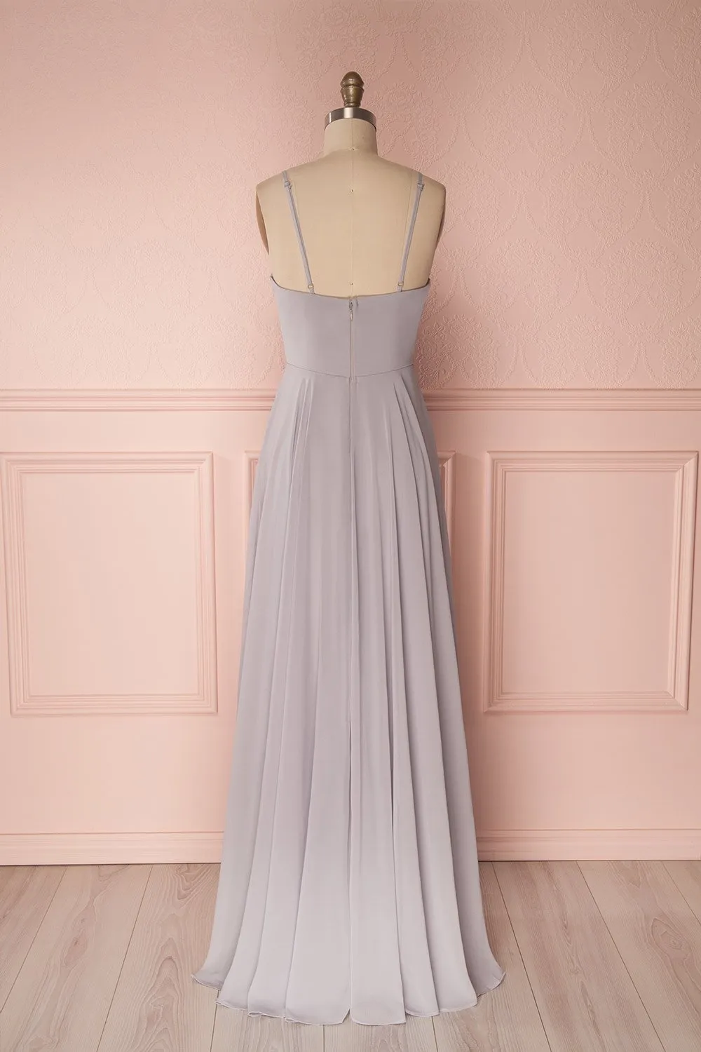 Aelis Grey | Pleated Plunging V-Neckline Gown