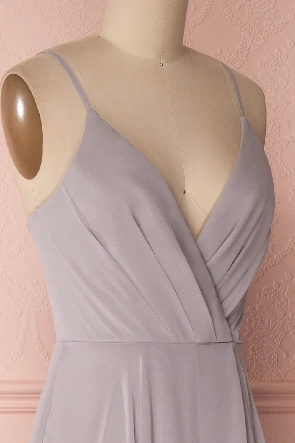 Aelis Grey | Pleated Plunging V-Neckline Gown