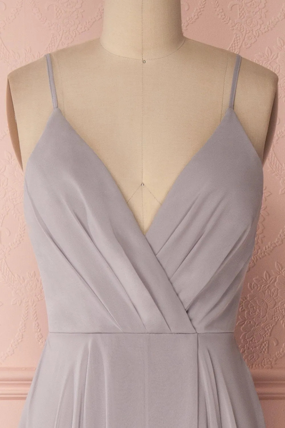 Aelis Grey | Pleated Plunging V-Neckline Gown