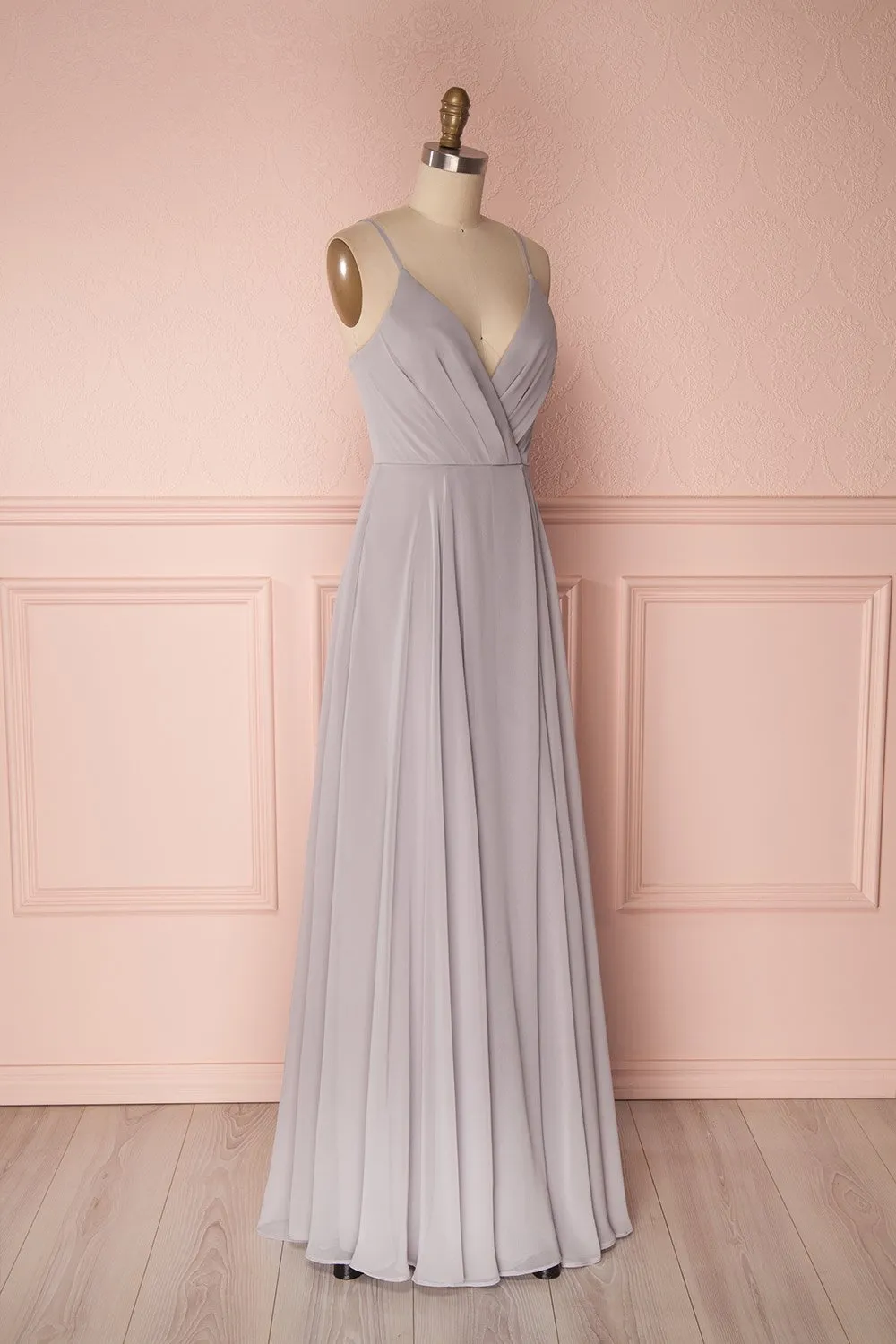 Aelis Grey | Pleated Plunging V-Neckline Gown