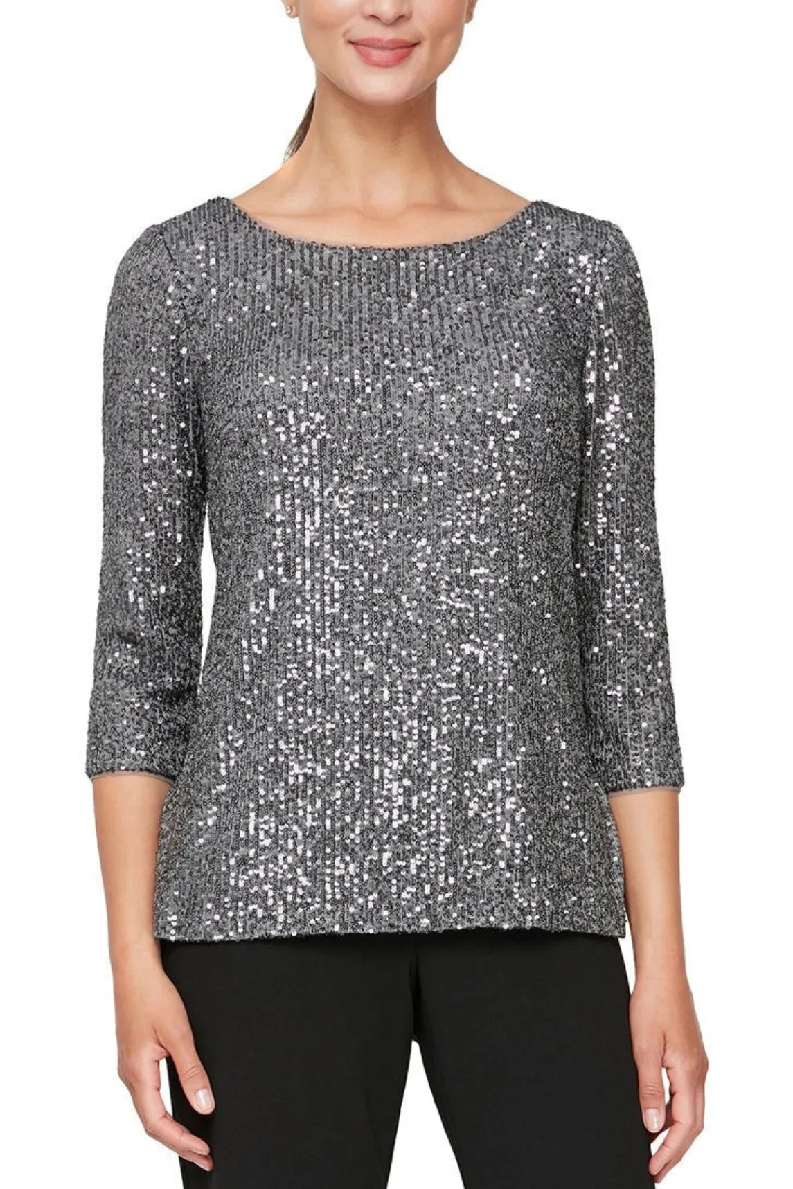 Alex Evenings 3/4 Sleeve Scoop Neck Sequin Tunic Blouse ( Plus Size )