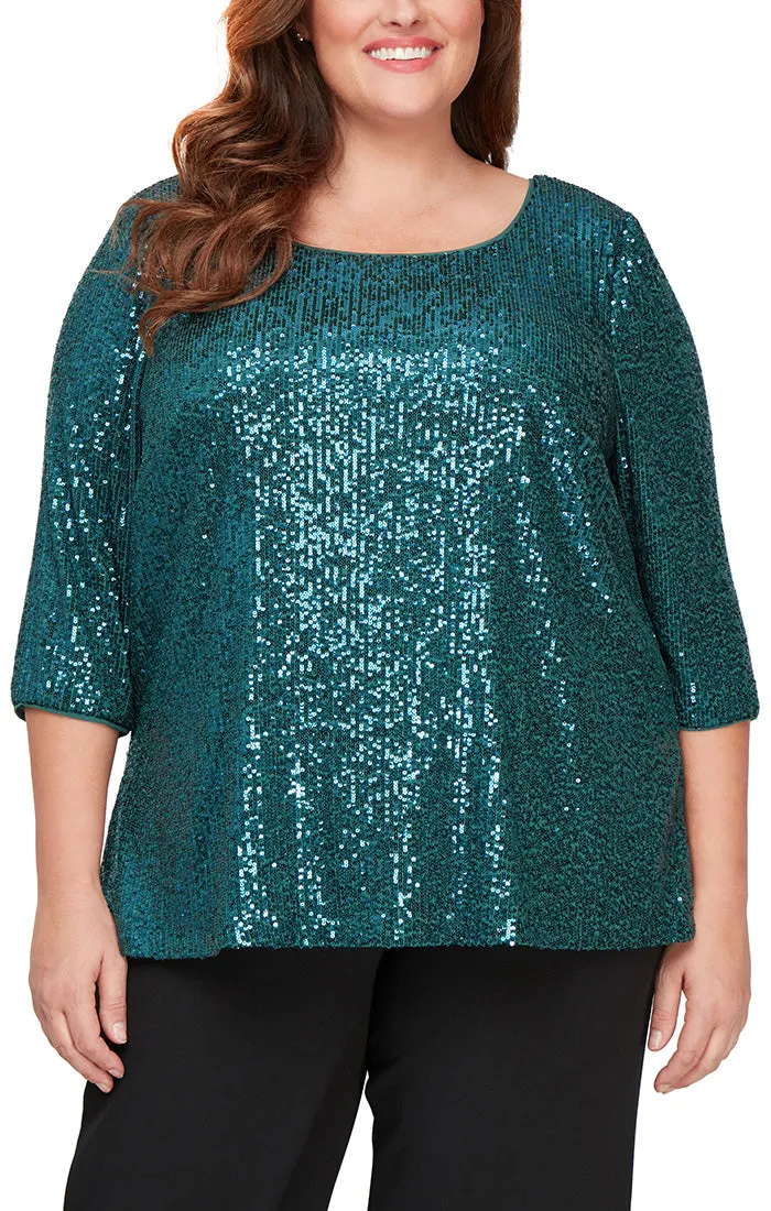 Alex Evenings 3/4 Sleeve Scoop Neck Sequin Tunic Blouse ( Plus Size )