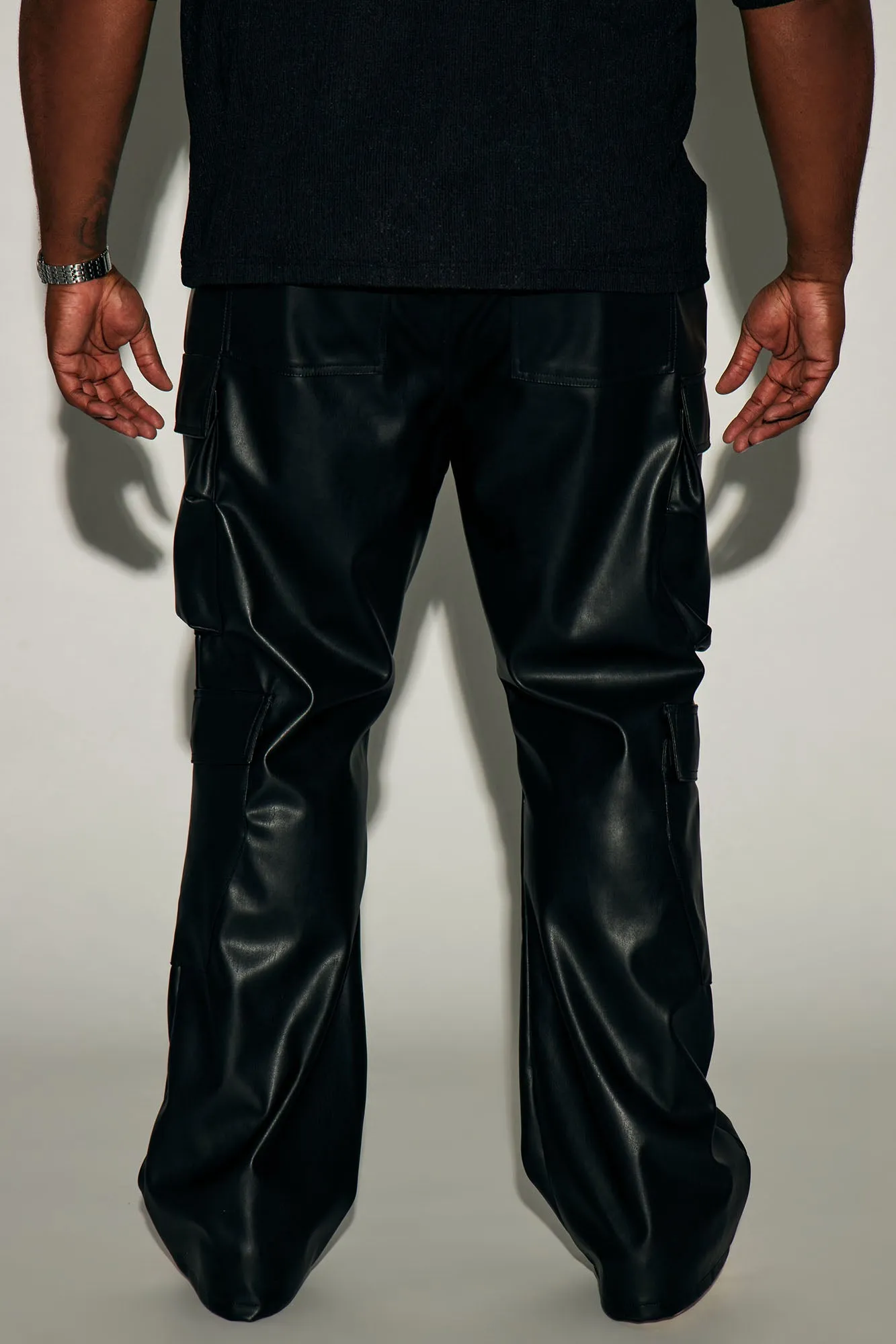 Alisos Faux Leather Slim Flare Cargo Pants - Black