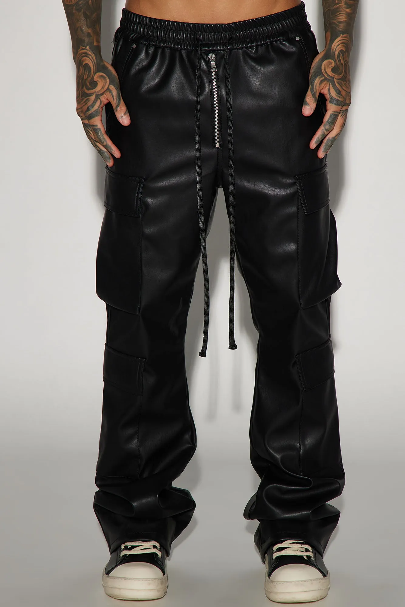 Alisos Faux Leather Slim Flare Cargo Pants - Black