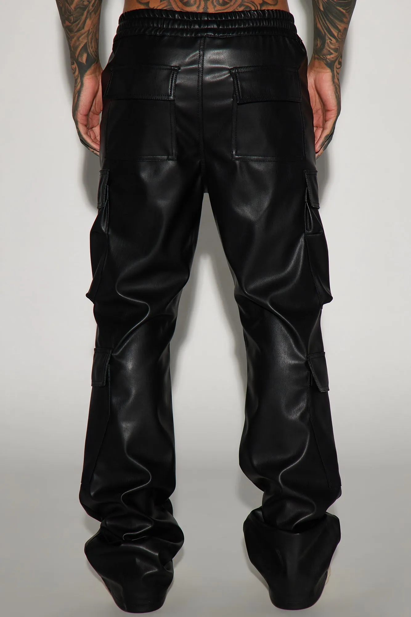 Alisos Faux Leather Slim Flare Cargo Pants - Black