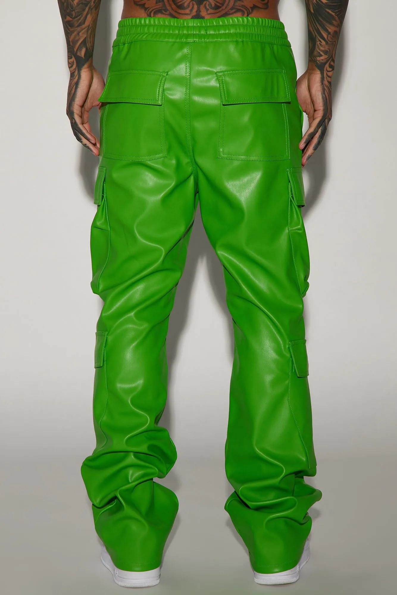 Alisos Faux Leather Slim Flare Cargo Pants - Green